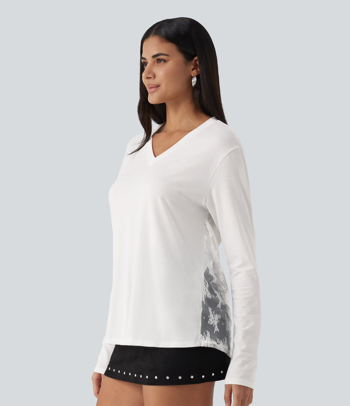 V Neck Long Sleeve Cut Out Back Contrast Lace Casual T-Shirt — White — view 3