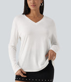 V Neck Long Sleeve Cut Out Back Contrast Lace Casual T-Shirt — White — view 5