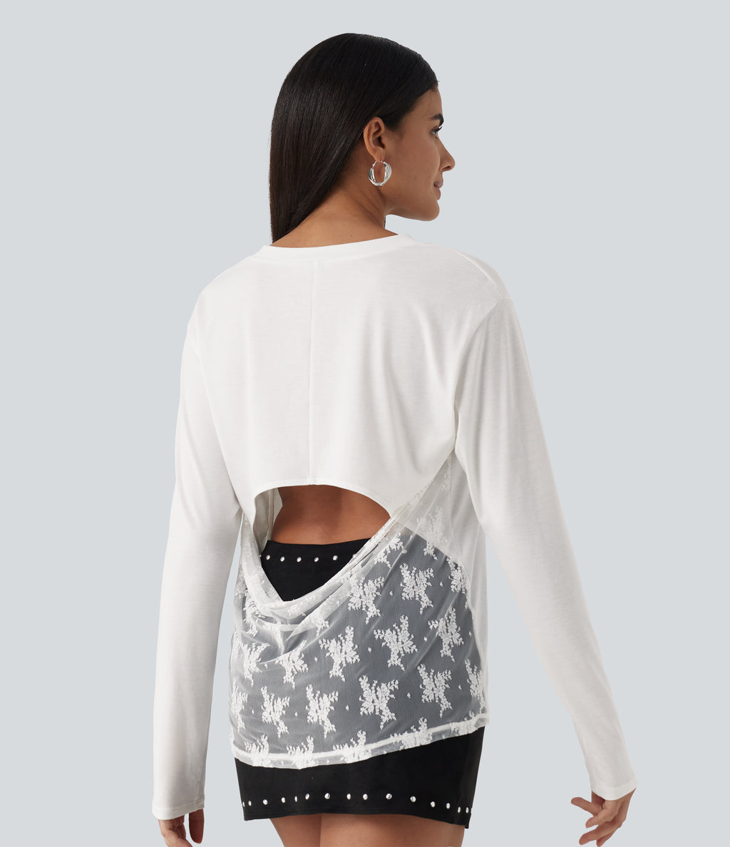 V Neck Long Sleeve Cut Out Back Contrast Lace Casual T-Shirt — White — view 4