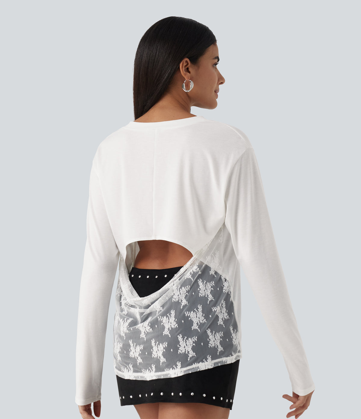 V Neck Long Sleeve Cut Out Back Contrast Lace Casual T-Shirt — White — view 4