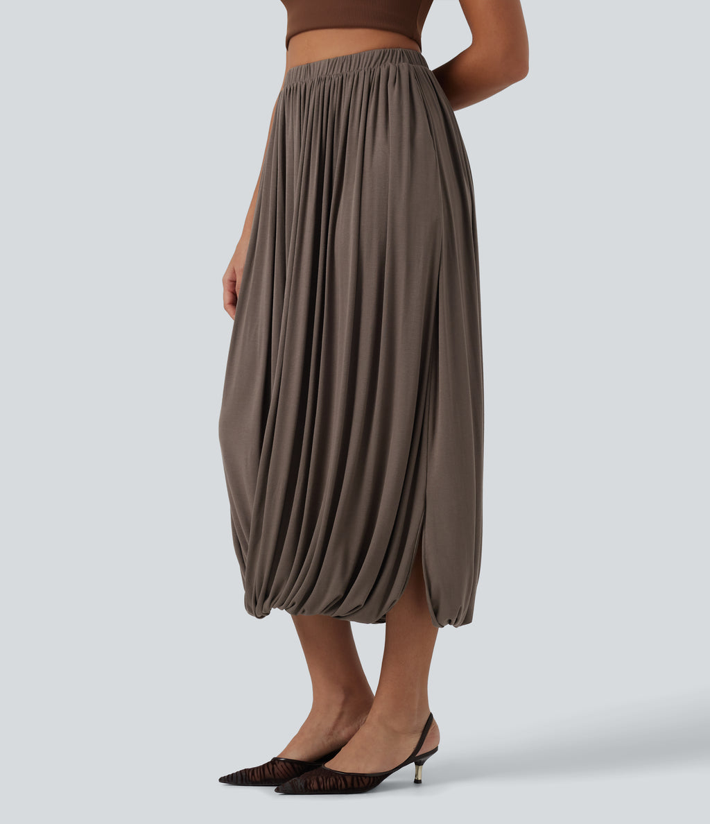 Ribbed Knit High Waisted Crossover Asymmetric Midi Casual Bubble Skirt — Redwood Chip — view 3