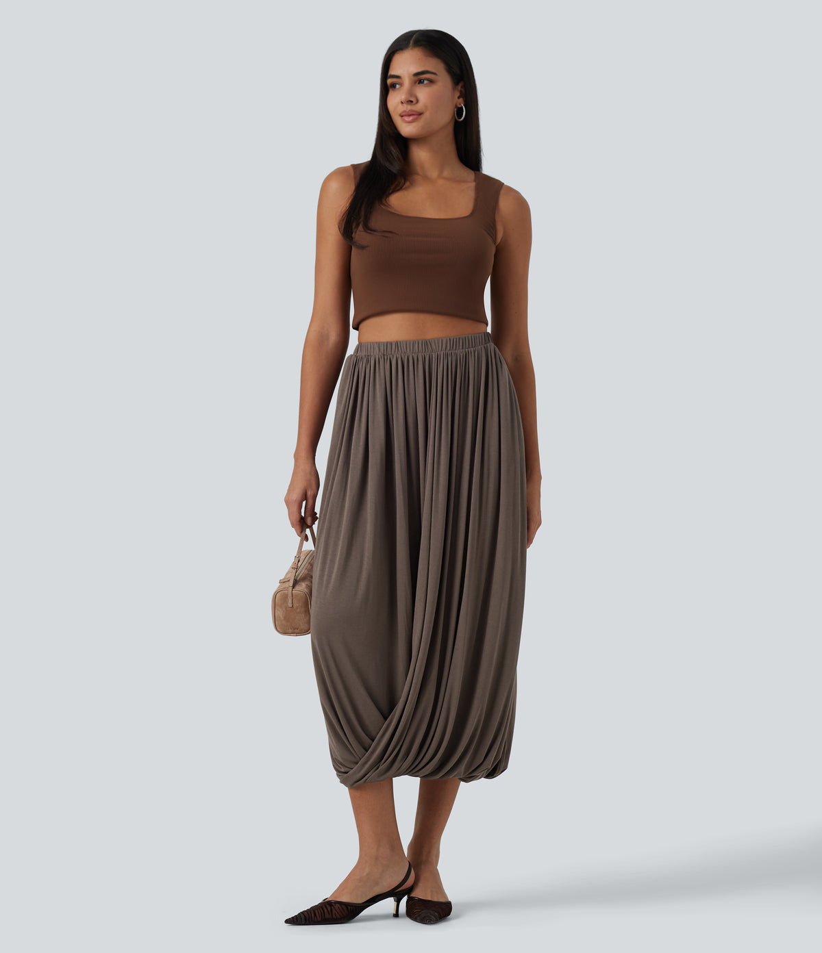 Ribbed Knit High Waisted Crossover Asymmetric Midi Casual Bubble Skirt — Redwood Chip — view 6