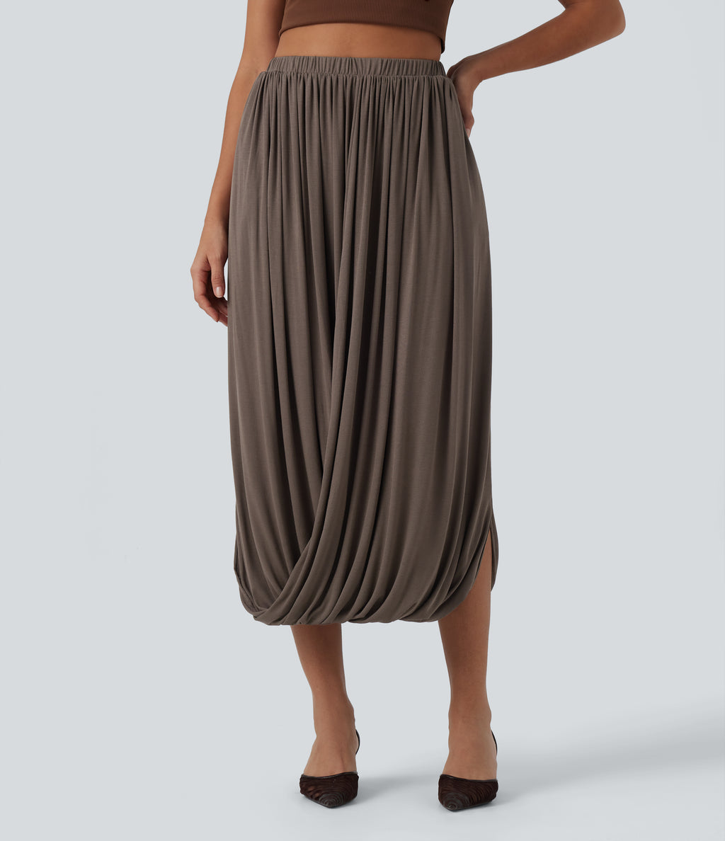 Ribbed Knit High Waisted Crossover Asymmetric Midi Casual Bubble Skirt — Redwood Chip — view 1
