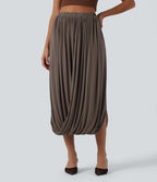 Ribbed Knit High Waisted Crossover Asymmetric Midi Casual Bubble Skirt — Redwood Chip — view 1