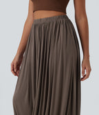 Ribbed Knit High Waisted Crossover Asymmetric Midi Casual Bubble Skirt — Redwood Chip — view 4