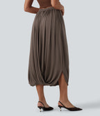 Ribbed Knit High Waisted Crossover Asymmetric Midi Casual Bubble Skirt — Redwood Chip — view 2