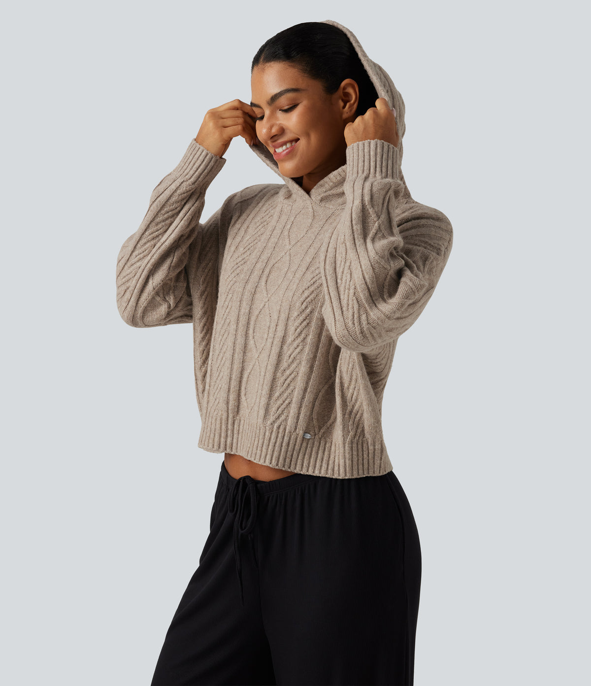 Cable Knit Hooded Long Sleeve Lounge Jumper — White Smoke — view 4