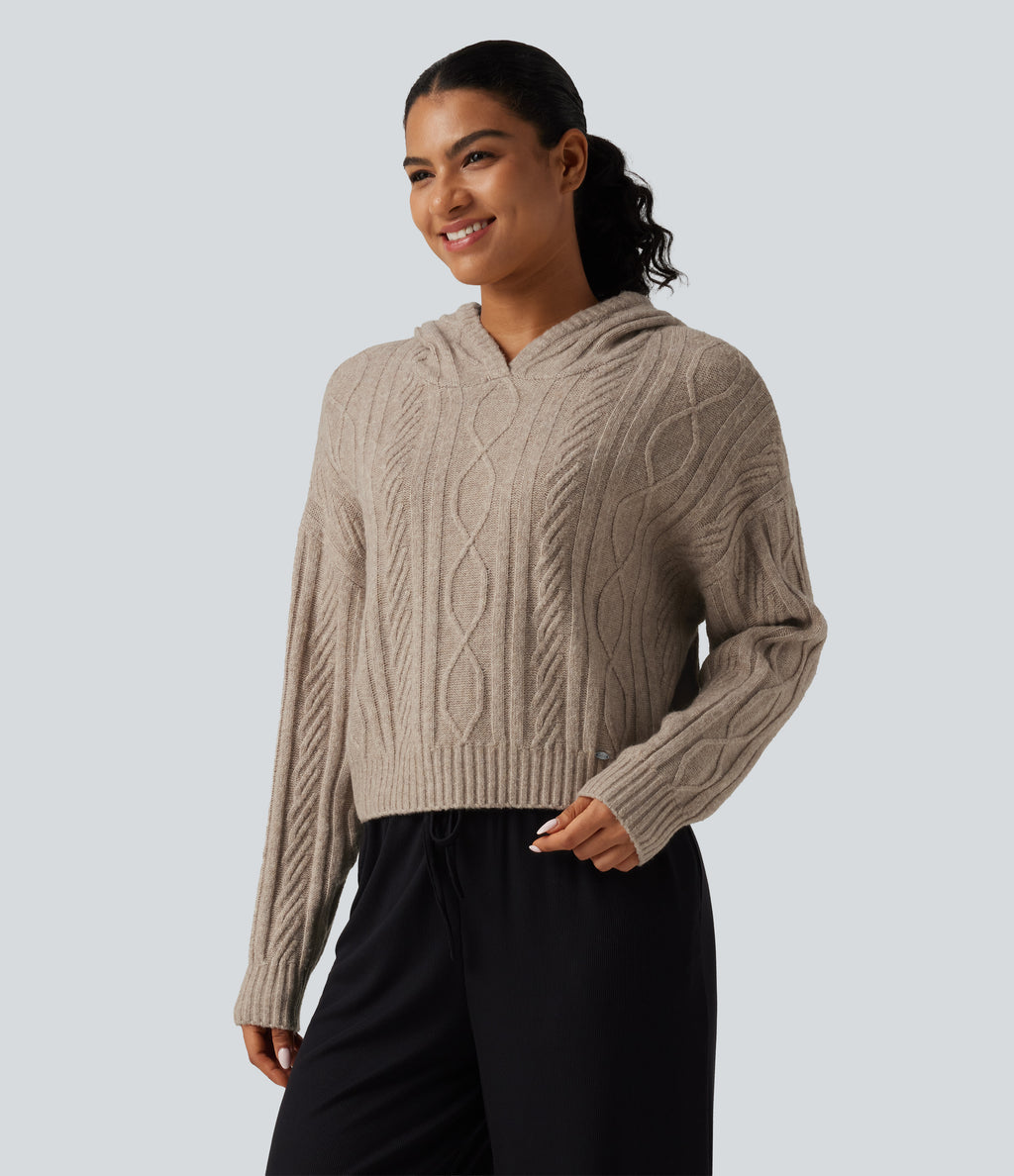 Cable Knit Hooded Long Sleeve Lounge Jumper — White Smoke — view 1