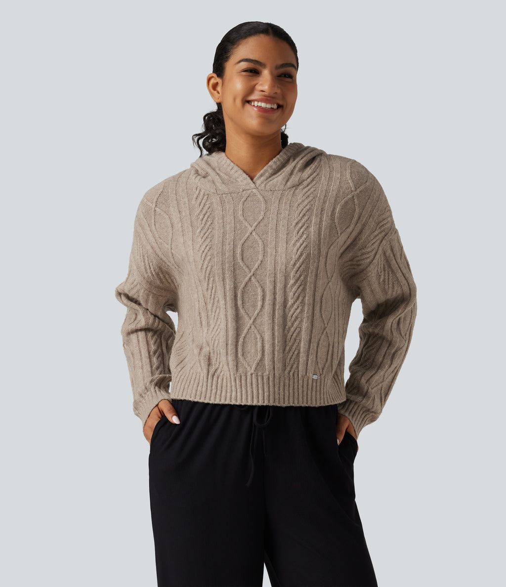 Cable Knit Hooded Long Sleeve Lounge Jumper — White Smoke — view 3