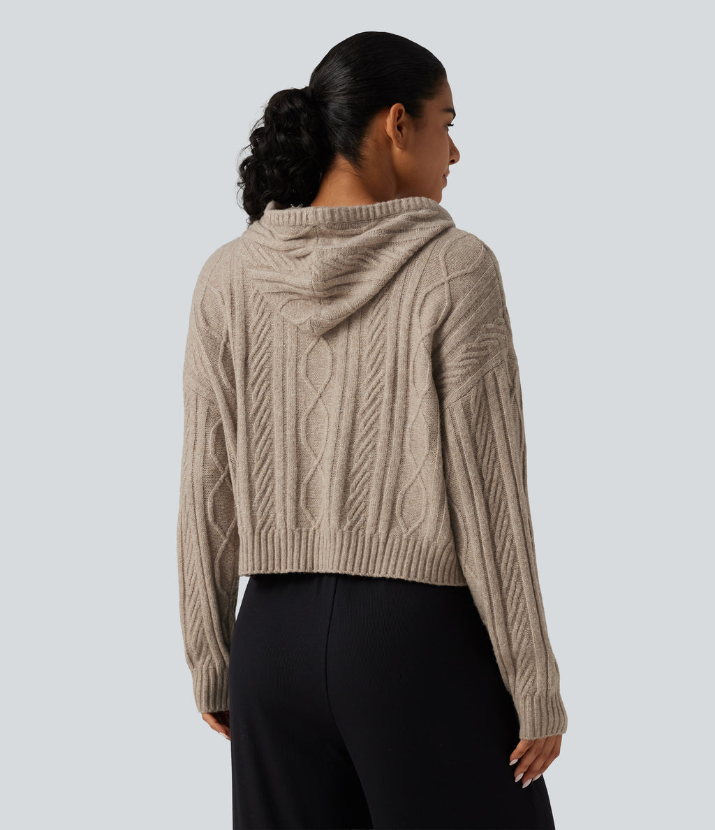 Cable Knit Hooded Long Sleeve Lounge Jumper — White Smoke — view 2