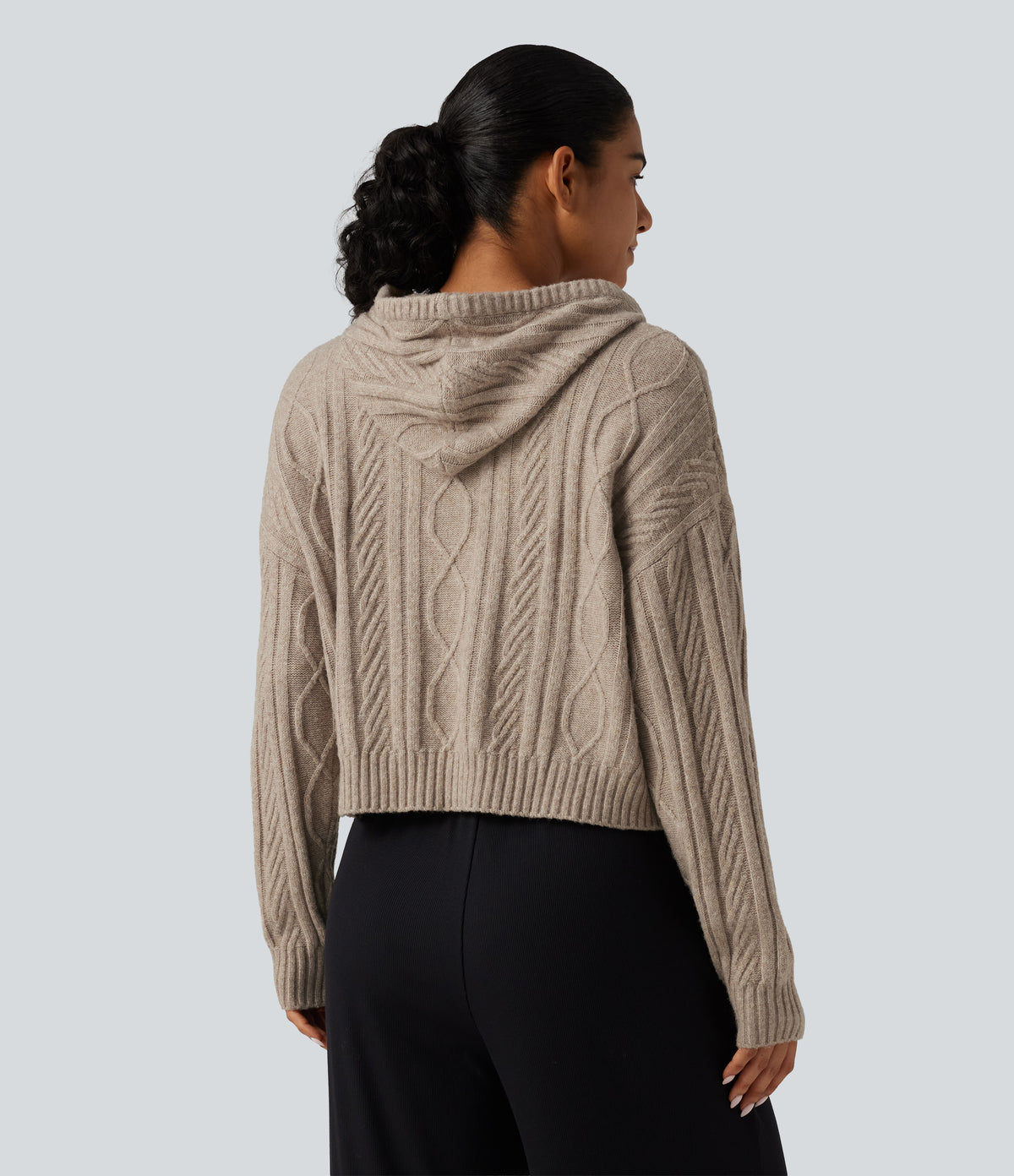 Cable Knit Hooded Long Sleeve Lounge Jumper — White Smoke — view 2