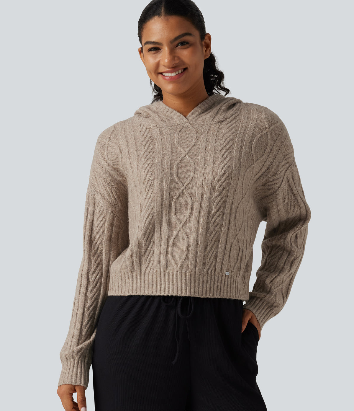 Cable Knit Hooded Long Sleeve Lounge Jumper — White Smoke — view 5