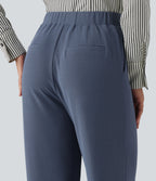 High Waisted Straight Leg Pintuck Waffle Work Trousers with Pockets — Grisaille — view 4