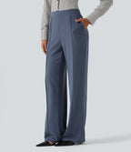 High Waisted Straight Leg Pintuck Waffle Work Trousers with Pockets — Grisaille — view 3