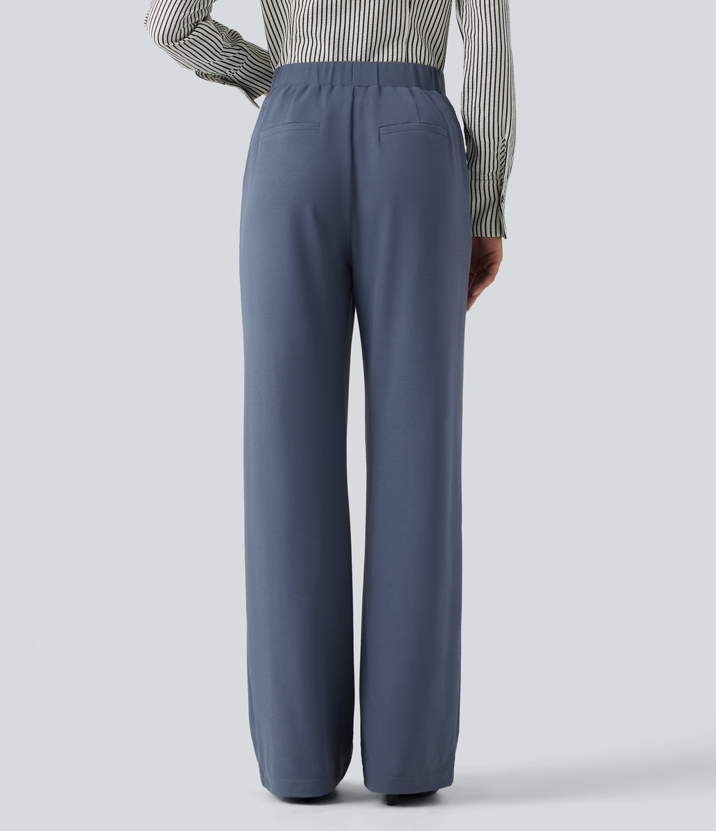 High Waisted Straight Leg Pintuck Waffle Work Trousers with Pockets — Grisaille — view 2