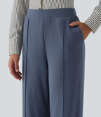 High Waisted Straight Leg Pintuck Waffle Work Trousers with Pockets — Grisaille — view 5