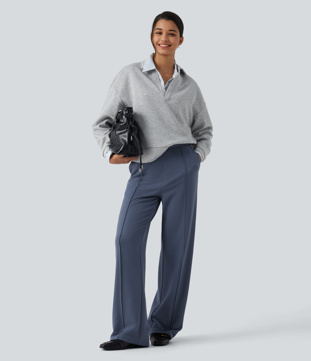 High Waisted Straight Leg Pintuck Waffle Work Trousers with Pockets — Grisaille — view 6