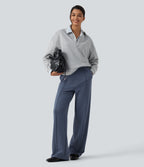 High Waisted Straight Leg Pintuck Waffle Work Trousers with Pockets — Grisaille — view 6