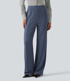 High Waisted Straight Leg Pintuck Waffle Work Trousers with Pockets — Grisaille — view 1