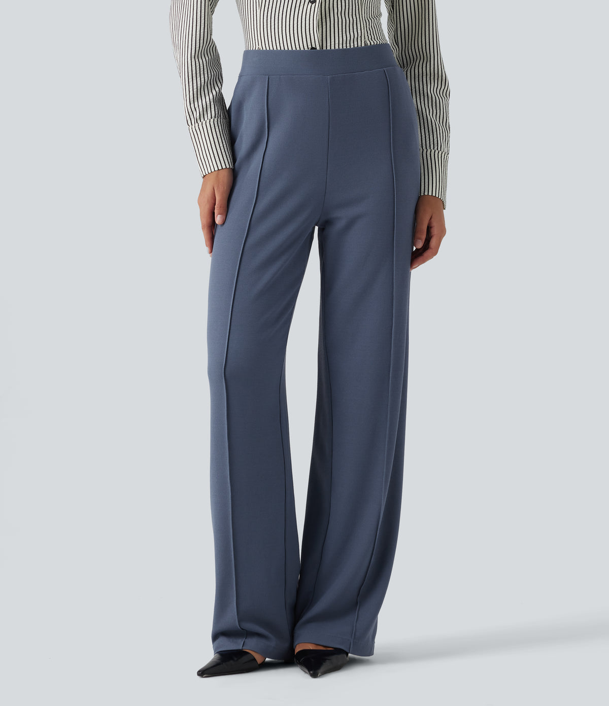 High Waisted Straight Leg Pintuck Waffle Work Trousers with Pockets — Grisaille — view 1