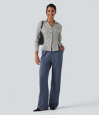 High Waisted Straight Leg Pintuck Waffle Work Trousers with Pockets — Grisaille — view 7
