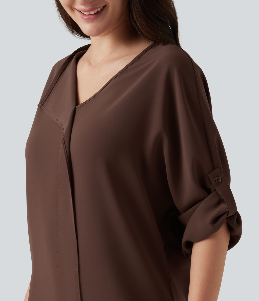 V Neck Long Sleeve Asymmetric Relaxed Work Blouse — Brown Stone — view 7