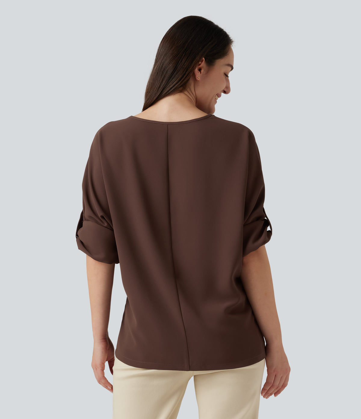 V Neck Long Sleeve Asymmetric Relaxed Work Blouse — Brown Stone — view 2