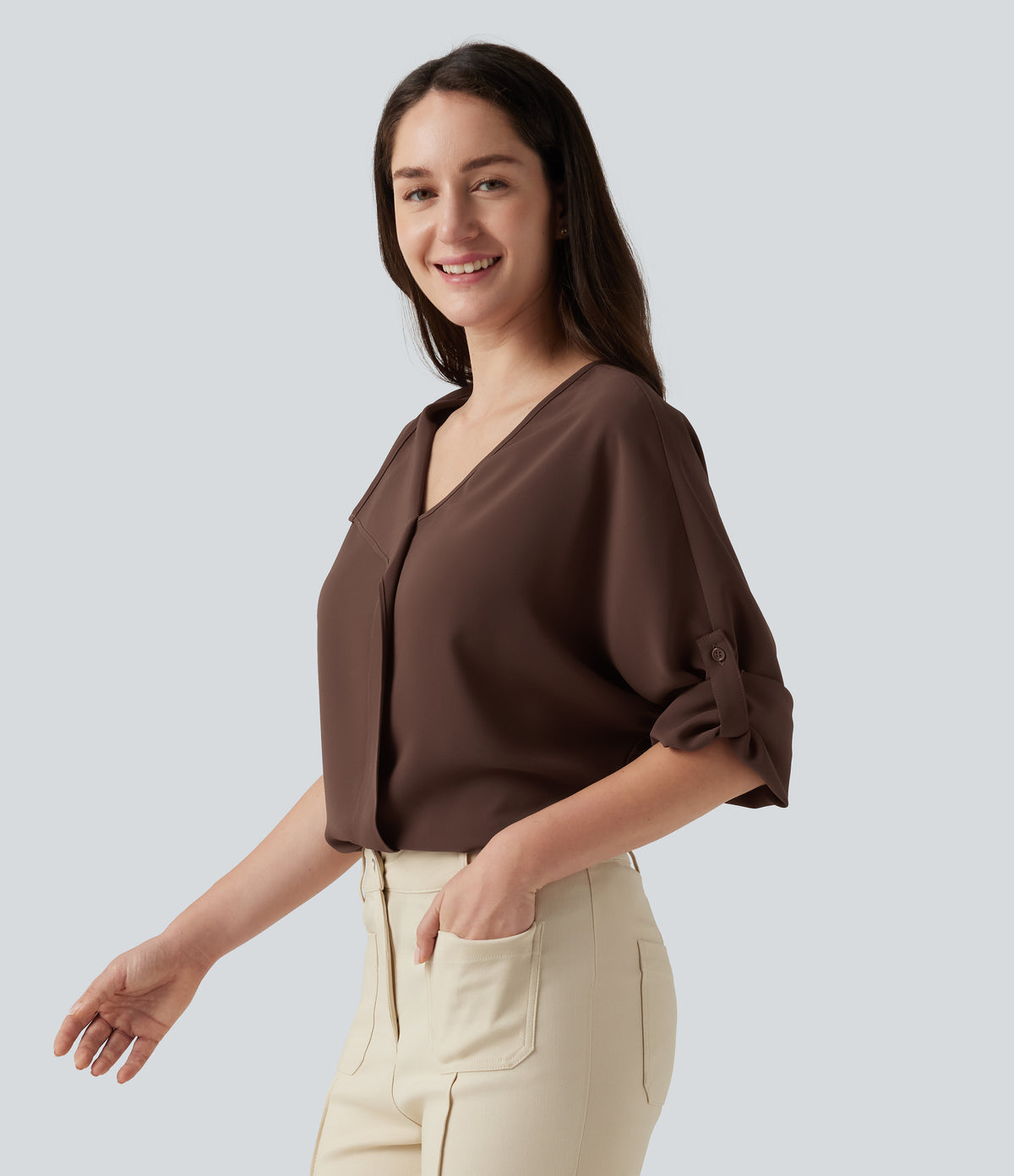 V Neck Long Sleeve Asymmetric Relaxed Work Blouse — Brown Stone — view 3