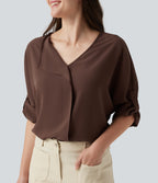 V Neck Long Sleeve Asymmetric Relaxed Work Blouse — Brown Stone — view 5