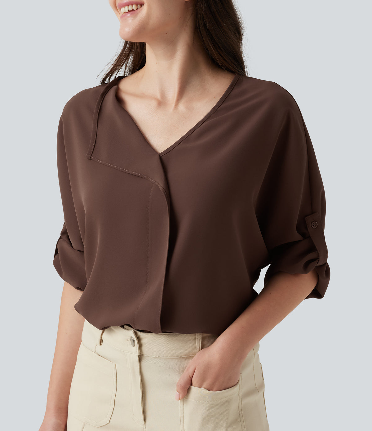 V Neck Long Sleeve Asymmetric Relaxed Work Blouse — Brown Stone — view 5