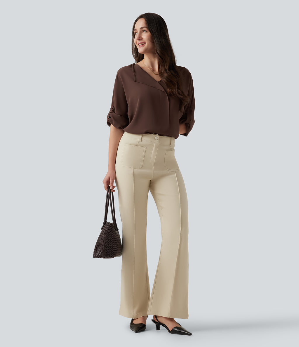 V Neck Long Sleeve Asymmetric Relaxed Work Blouse — Brown Stone — view 8