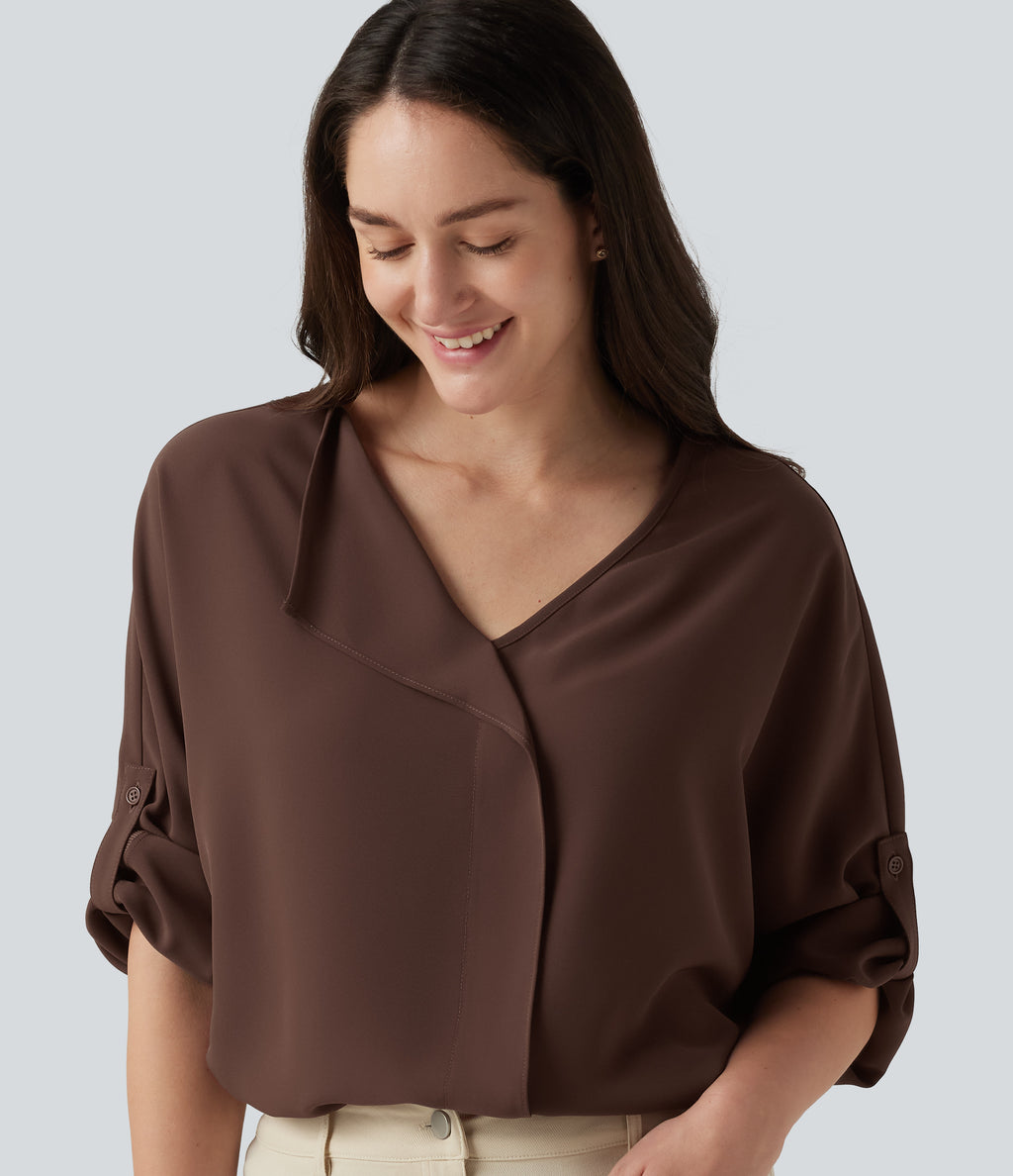 V Neck Long Sleeve Asymmetric Relaxed Work Blouse — Brown Stone — view 1