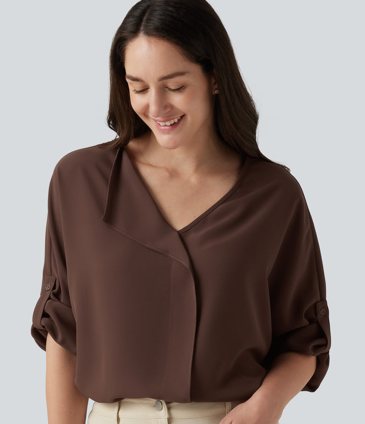 V Neck Long Sleeve Asymmetric Relaxed Work Blouse — Brown Stone — view 1