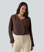 V Neck Long Sleeve Asymmetric Relaxed Work Blouse — Brown Stone — view 4