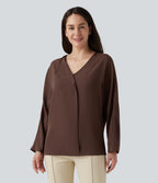 V Neck Long Sleeve Asymmetric Relaxed Work Blouse — Brown Stone — view 6
