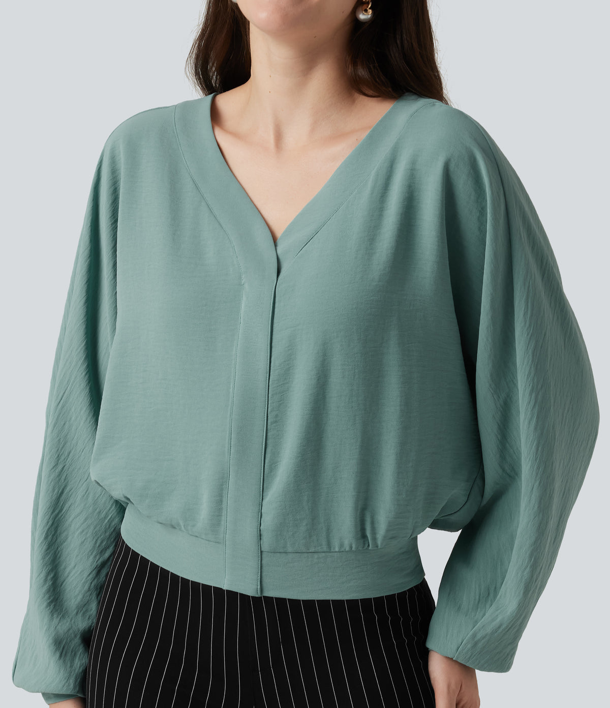 V Neck Batwing Long Sleeve Relaxed Work Blouse — Mineral Blue — view 5