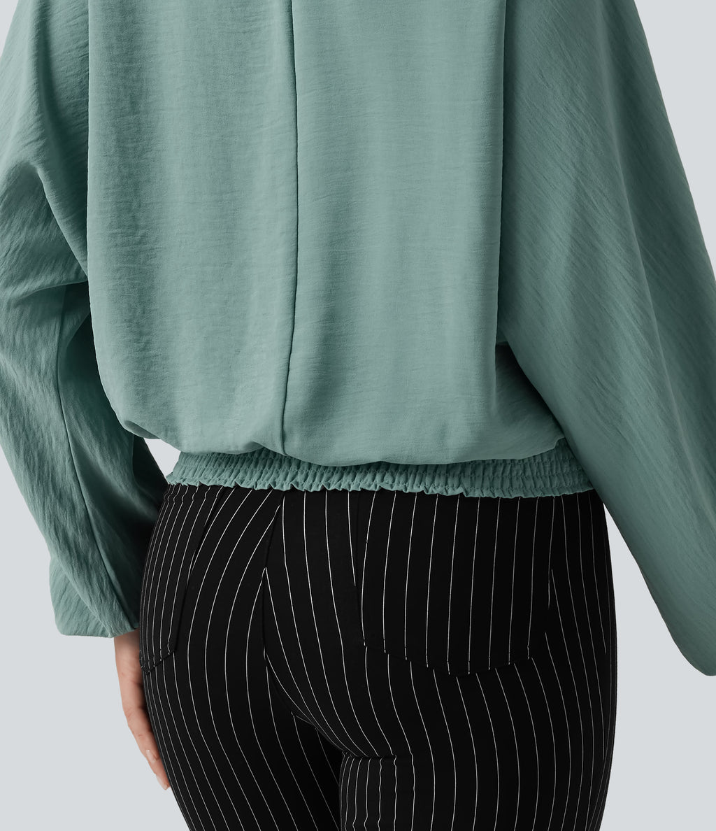 V Neck Batwing Long Sleeve Relaxed Work Blouse — Mineral Blue — view 7