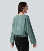 V Neck Batwing Long Sleeve Relaxed Work Blouse — Mineral Blue — view 2