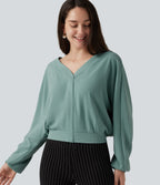V Neck Batwing Long Sleeve Relaxed Work Blouse — Mineral Blue — view 1