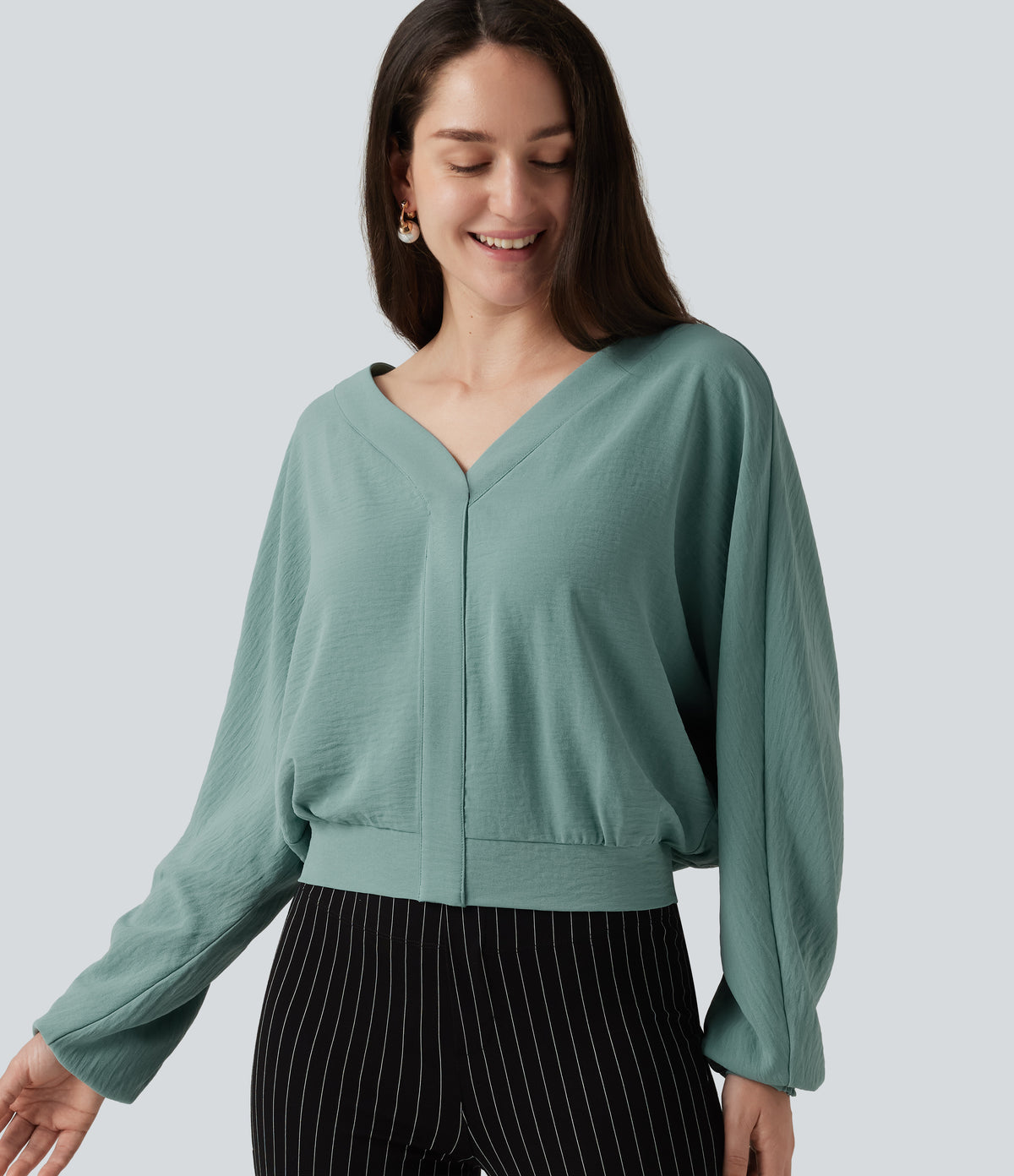 V Neck Batwing Long Sleeve Relaxed Work Blouse — Mineral Blue — view 1