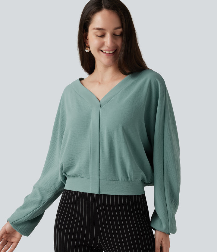 V Neck Batwing Long Sleeve Relaxed Work Blouse — Mineral Blue — view 1