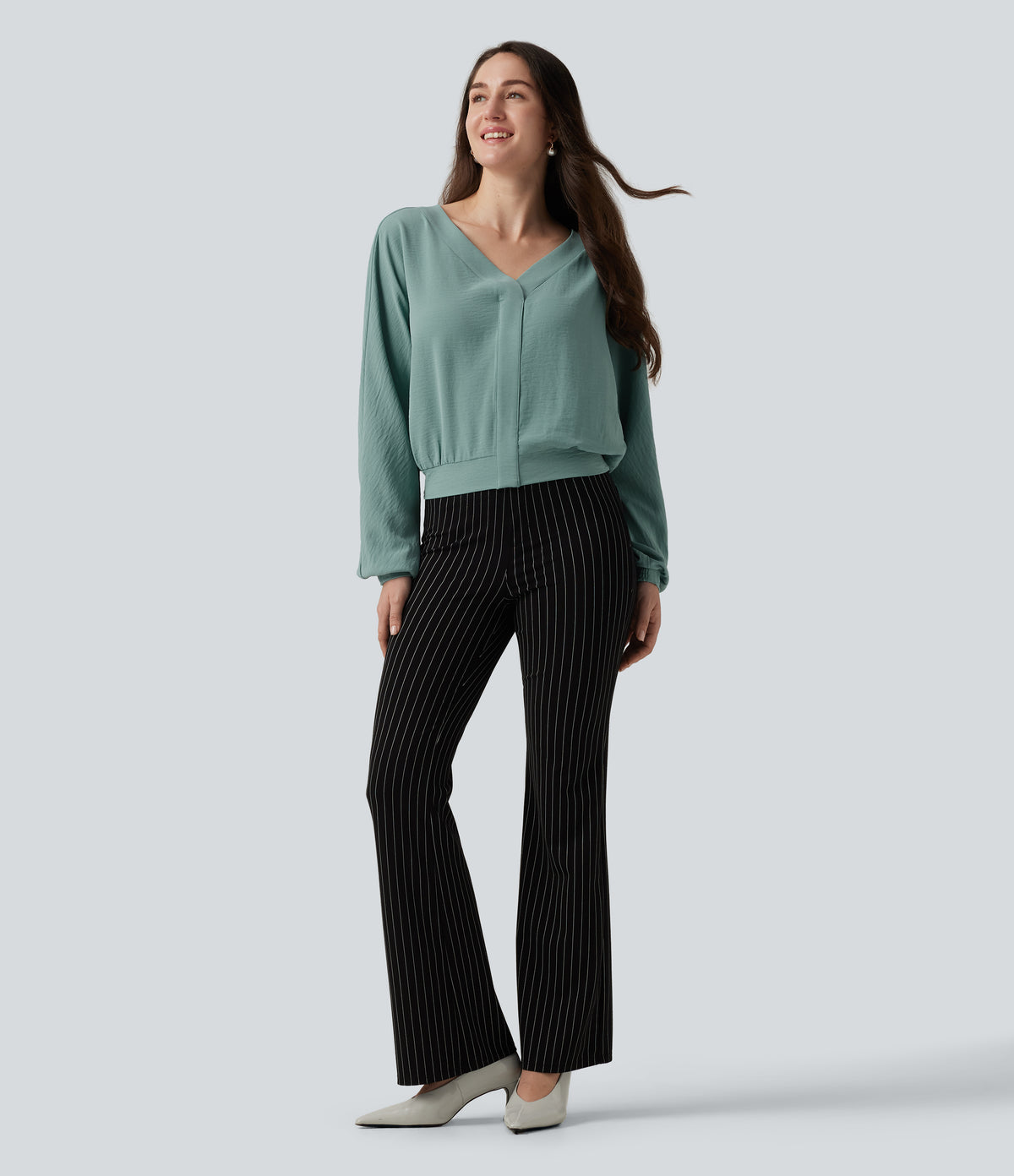 V Neck Batwing Long Sleeve Relaxed Work Blouse — Mineral Blue — view 6