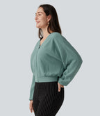 V Neck Batwing Long Sleeve Relaxed Work Blouse — Mineral Blue — view 3