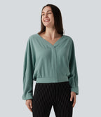 V Neck Batwing Long Sleeve Relaxed Work Blouse — Mineral Blue — view 4