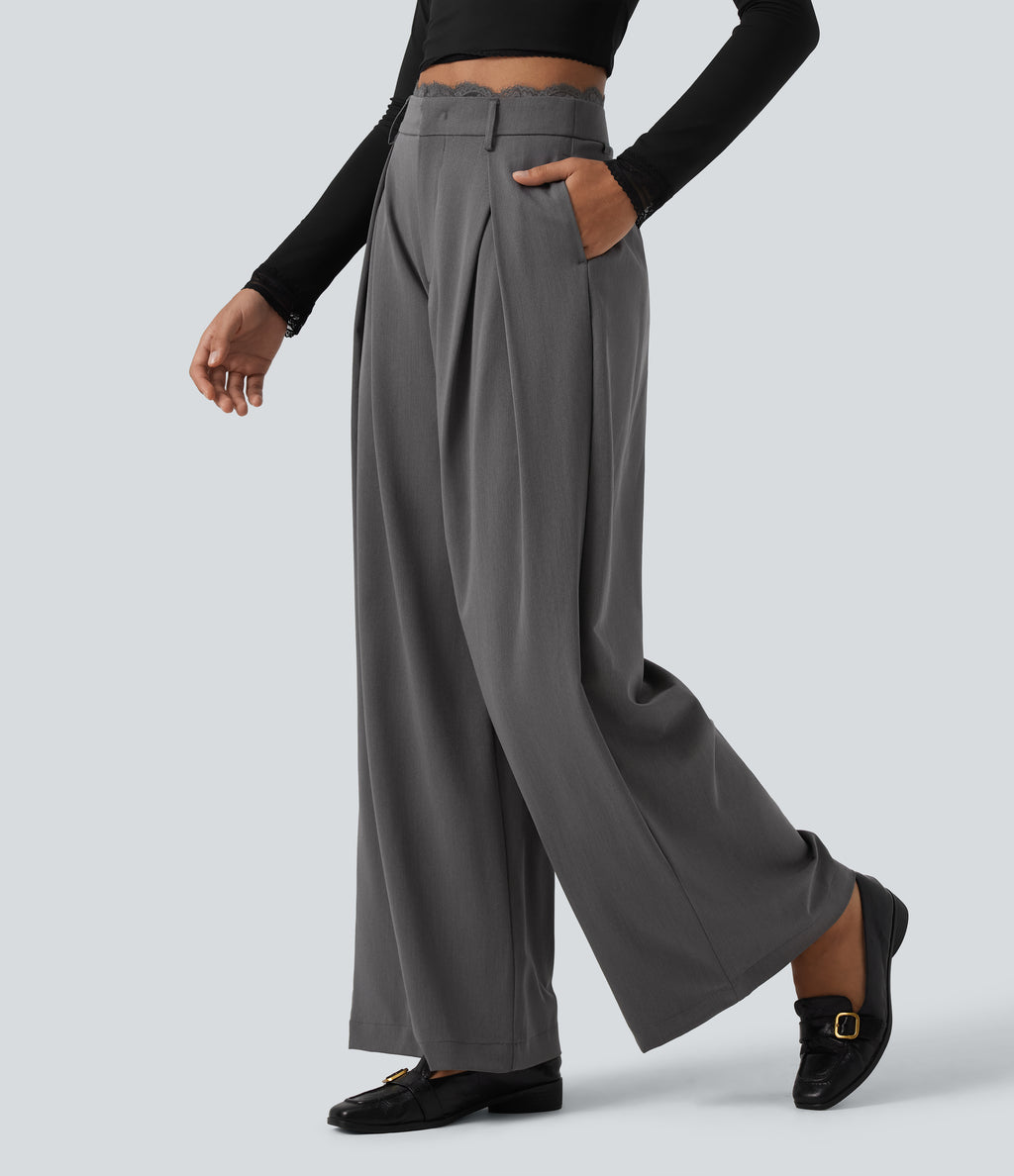 High Waisted Lace Panel Wide Leg Work Trousers with Pockets — Heavy Static Grey — view 3