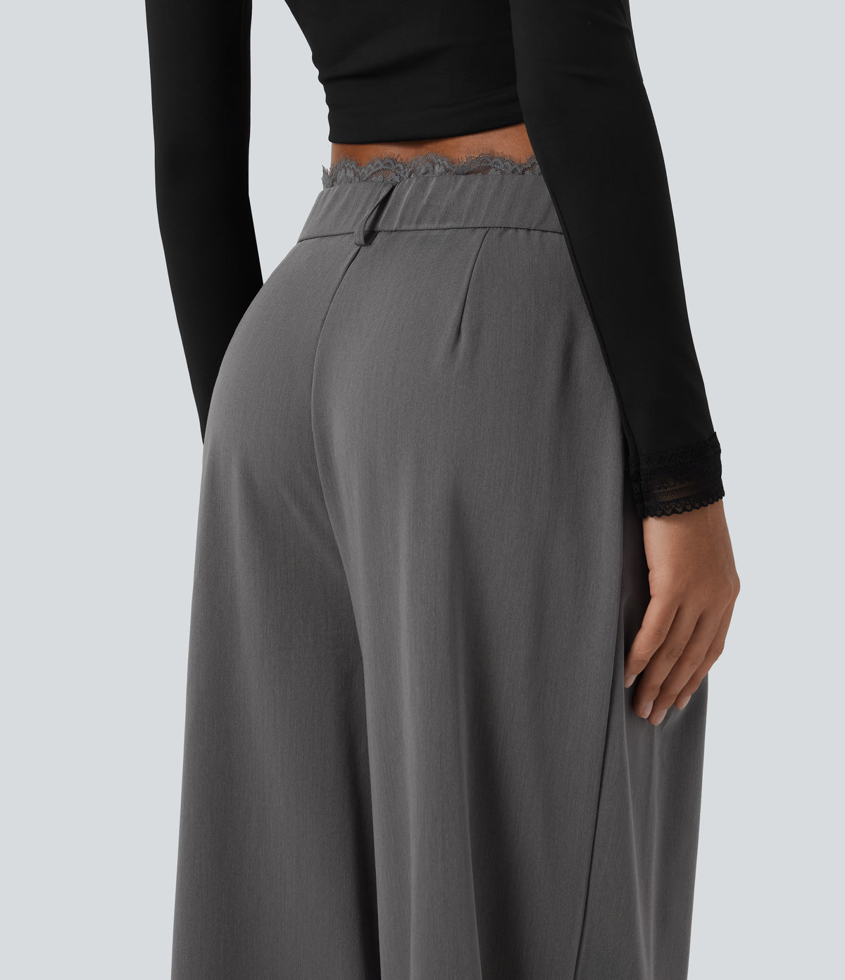 High Waisted Lace Panel Wide Leg Work Trousers with Pockets — Heavy Static Grey — view 5