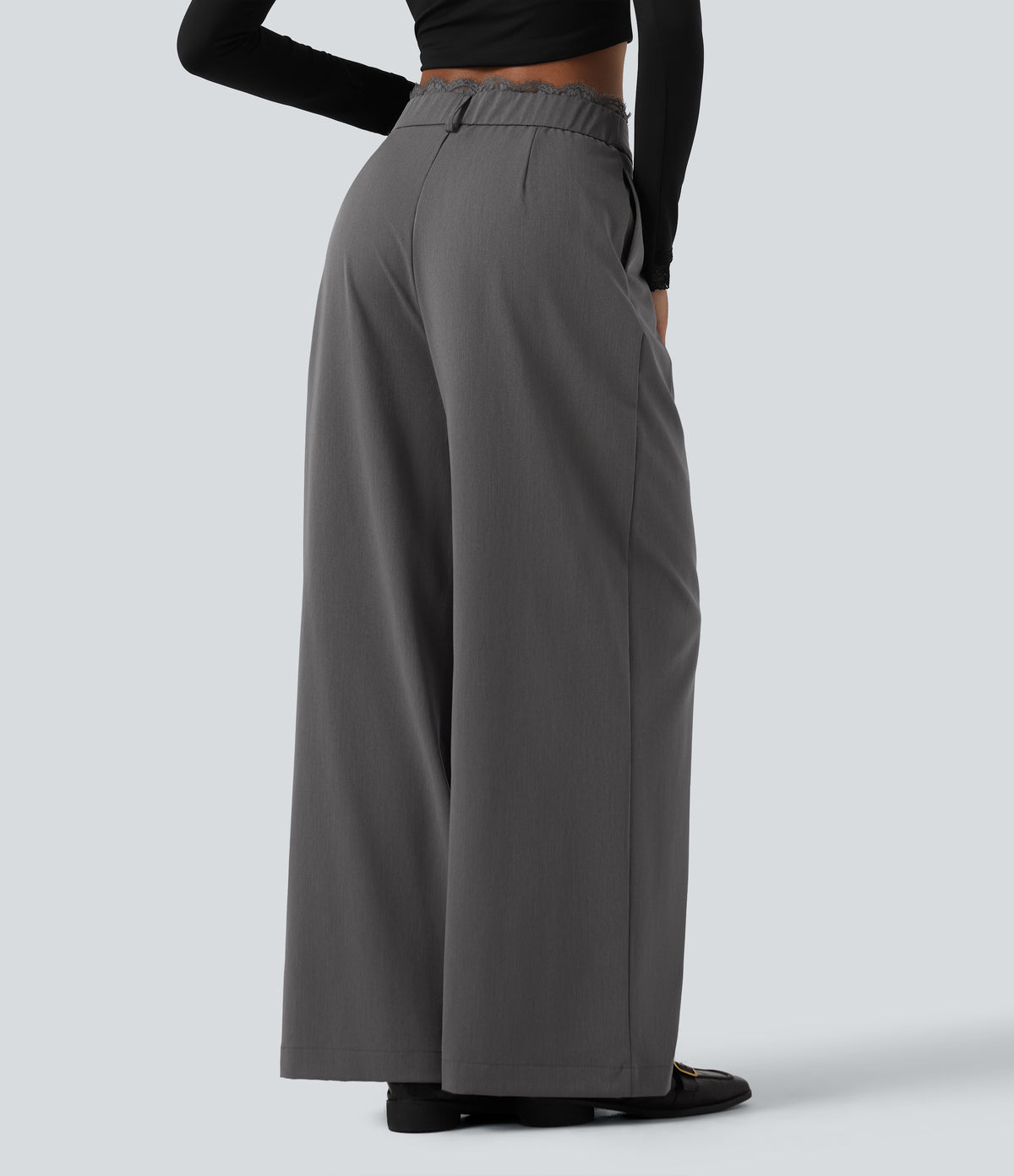 High Waisted Lace Panel Wide Leg Work Trousers with Pockets — Heavy Static Grey — view 2