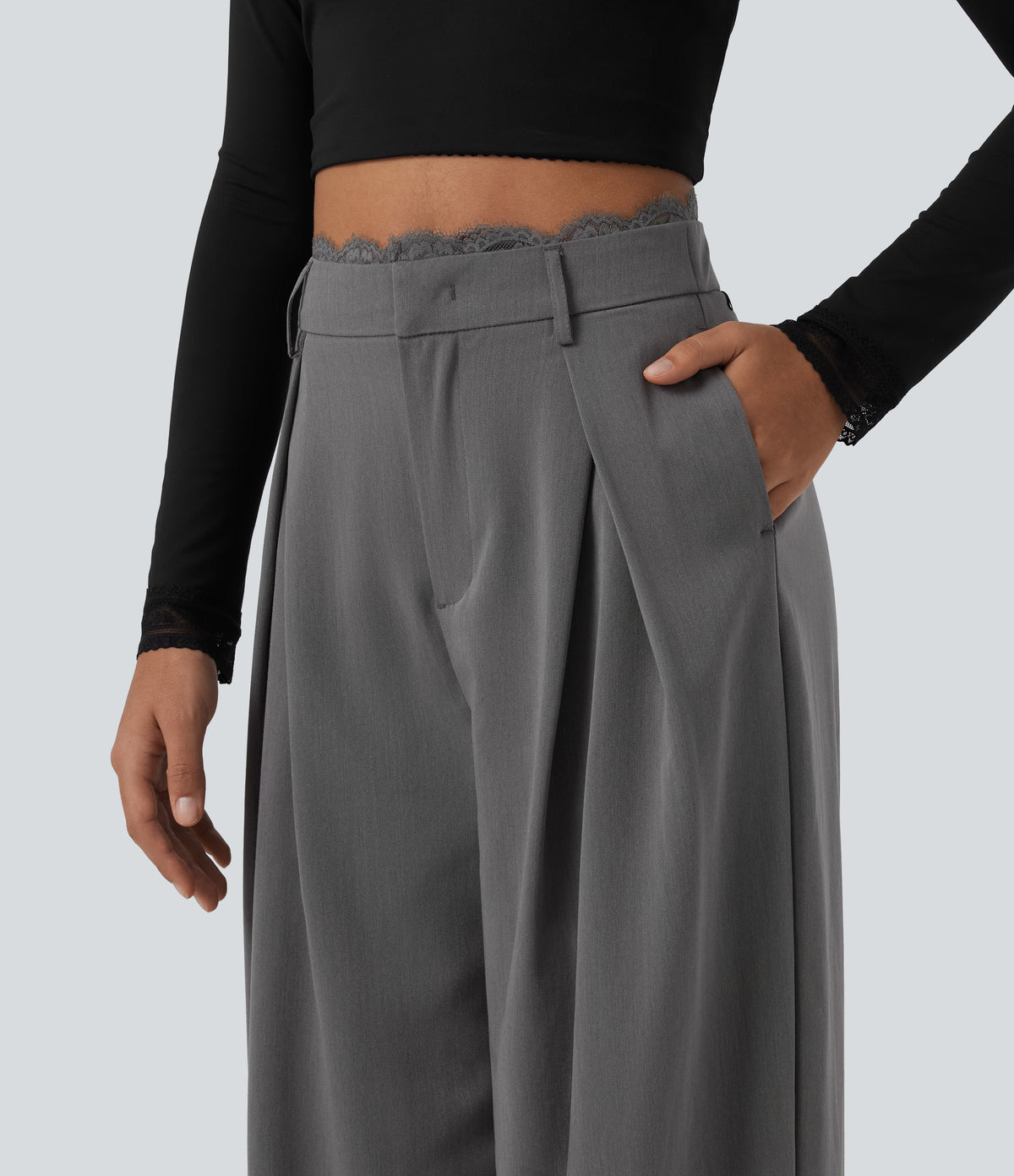 High Waisted Lace Panel Wide Leg Work Trousers with Pockets — Heavy Static Grey — view 4