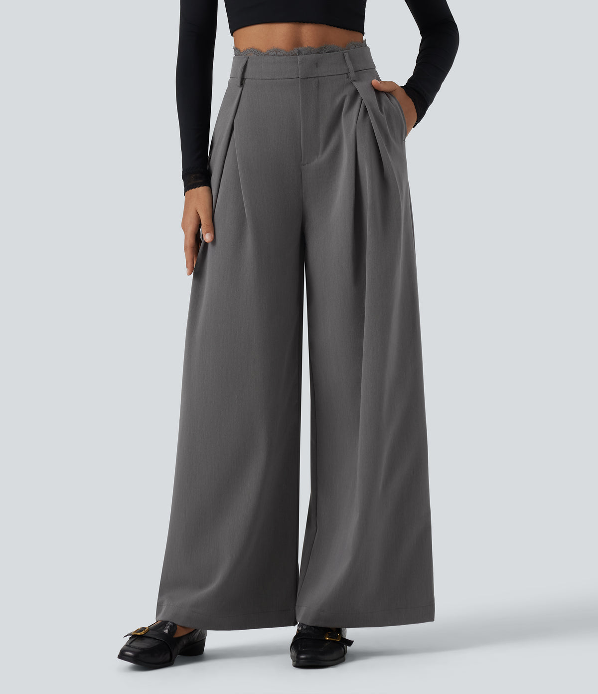 High Waisted Lace Panel Wide Leg Work Trousers with Pockets — Heavy Static Grey — view 1