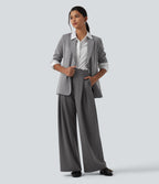 High Waisted Lace Panel Wide Leg Work Trousers with Pockets — Heavy Static Grey — view 6